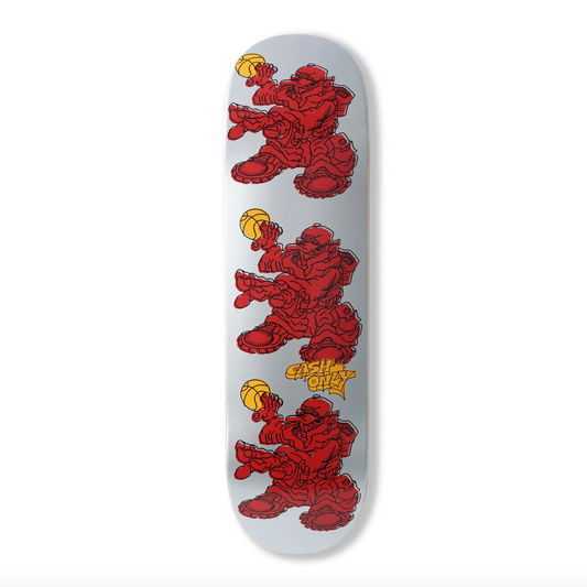 Skateboard deck with red cartoon character and 'Cash Only' text on a white background