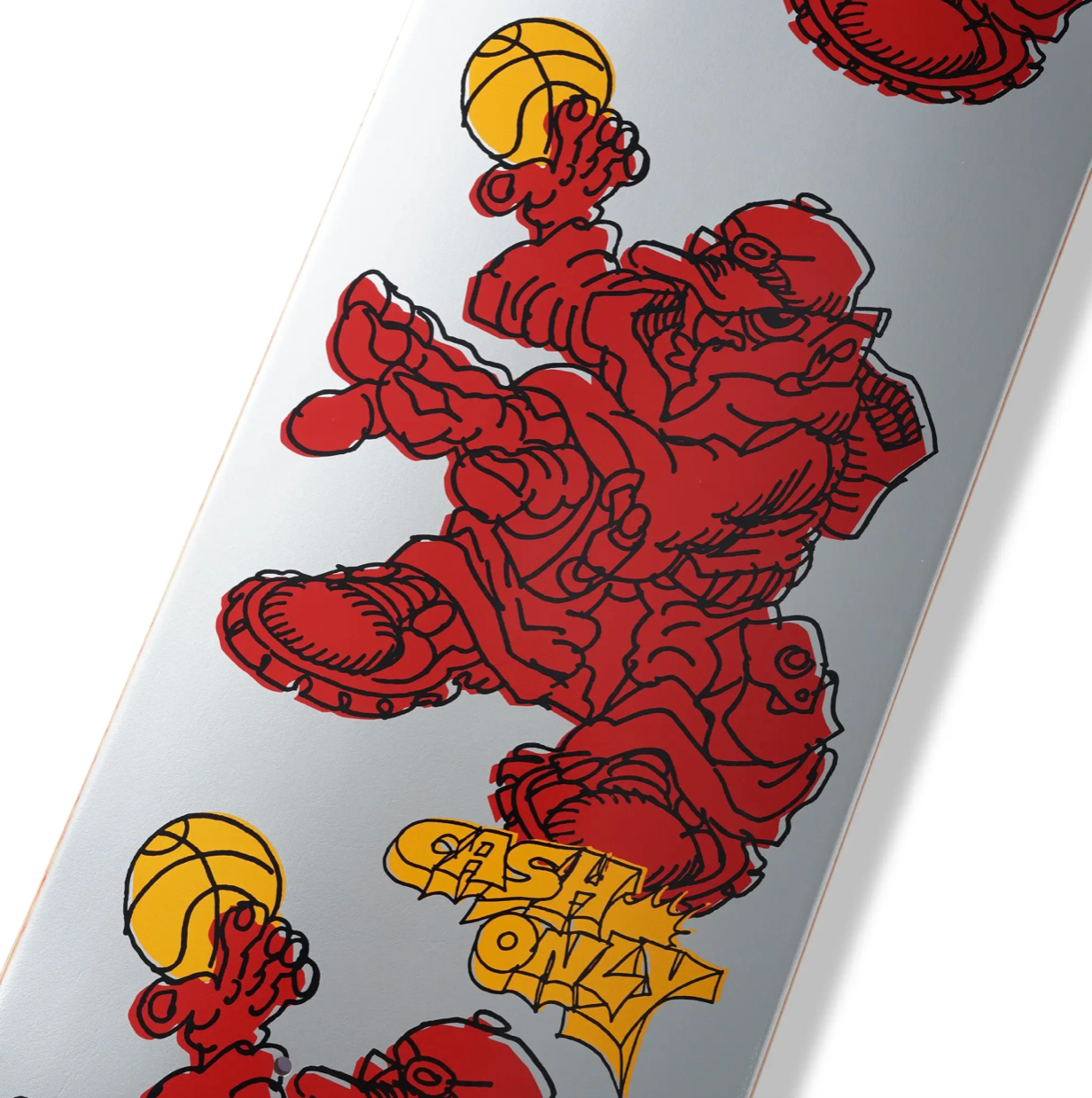 Skateboard deck with red cartoon character and yellow text on a white background
