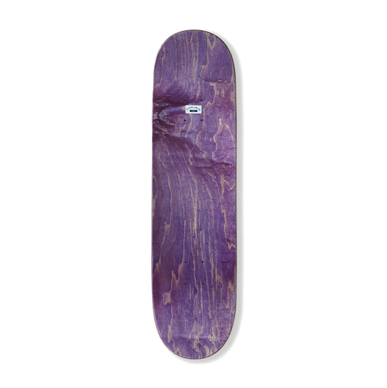 Purple skateboard deck with a visible brand logo on a white background