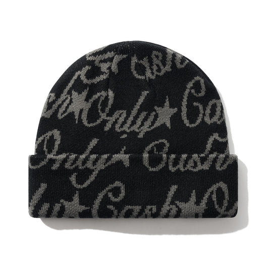 Black beanie with white text and star patterns on a white background