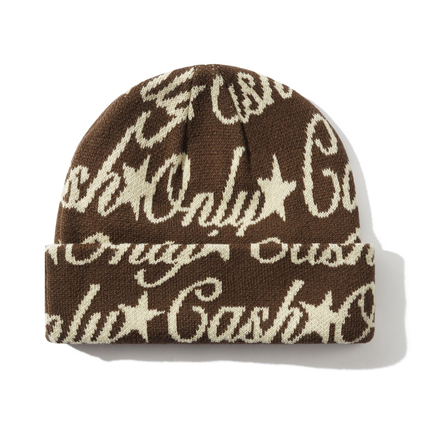 Brown beanie with 'Only Cash' text pattern on a white background