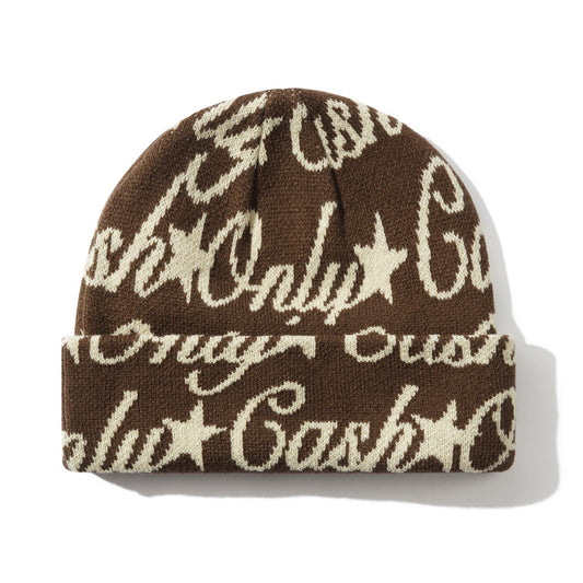 Brown beanie with 'Only Cash' text pattern on a white background