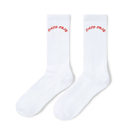 White socks with red text on a white background