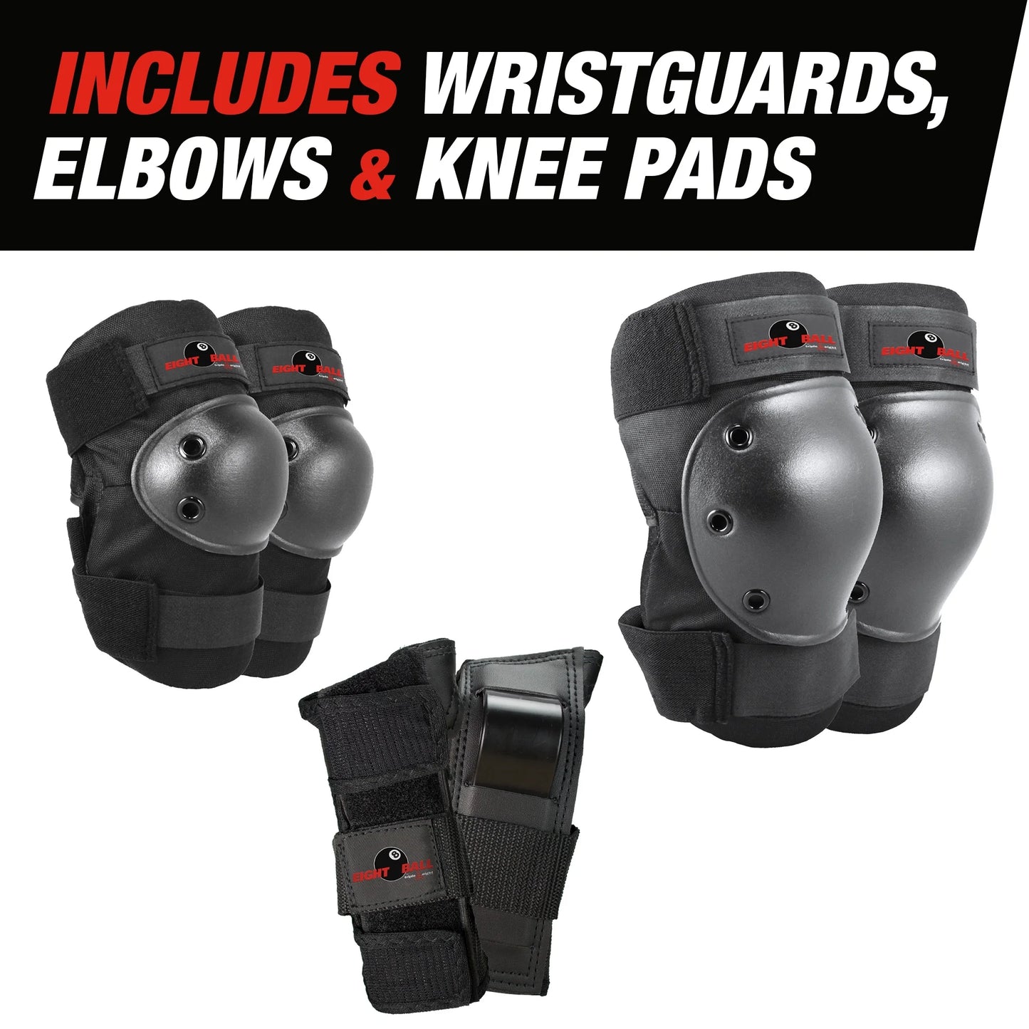 Eight Ball Skateboarding Pad Set Black 3 Pack