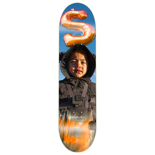 Skateboard with a design of a child holding a balloon and the letter 'S' on a blue background.