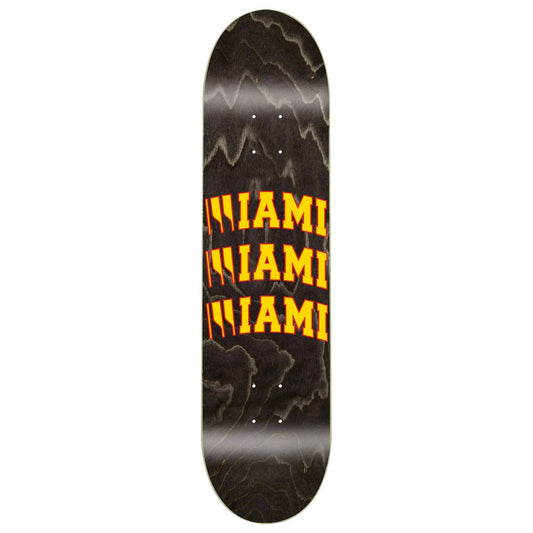 Skateboard deck with 'MIAMI' text in yellow on a black background