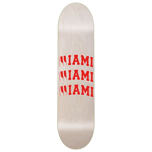 Skateboard deck with 'MIAMI' text in red on a white background