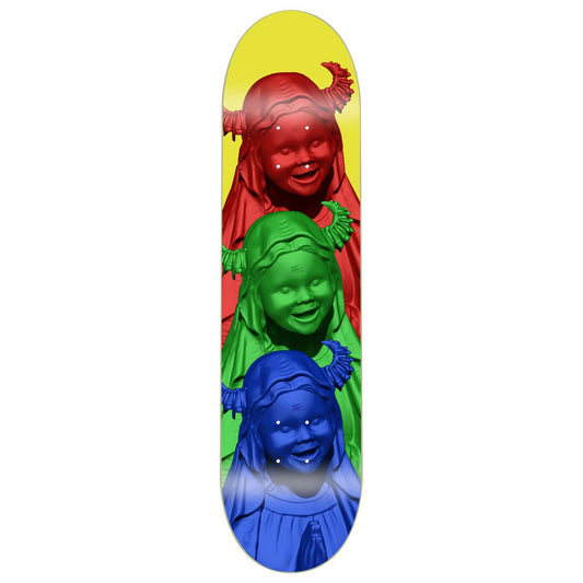 Skateboard deck with colorful depiction of three characters on a yellow background
