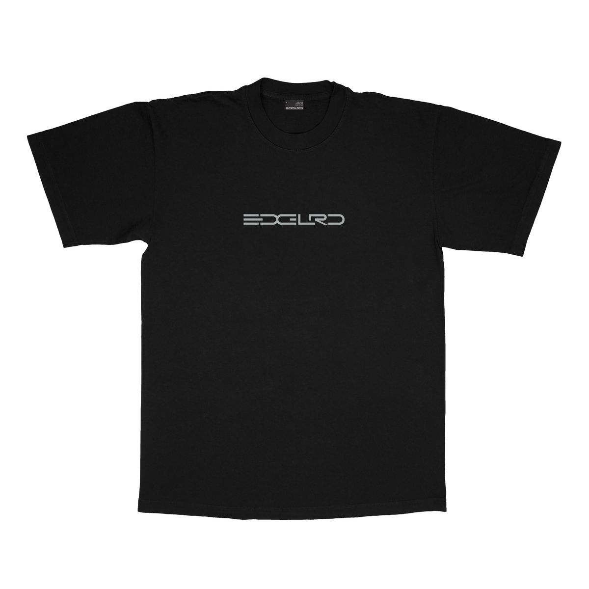 Black t-shirt with a white logo on a white background