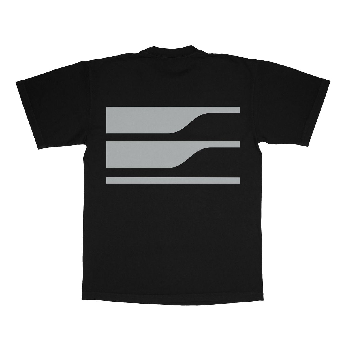 Black t-shirt with a gray geometric design on the back against a white background