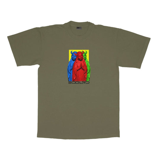 Olive green t-shirt with colorful graphic design on a white background