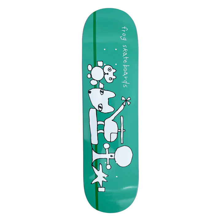 green frog skateboard deck with helicopter graphic