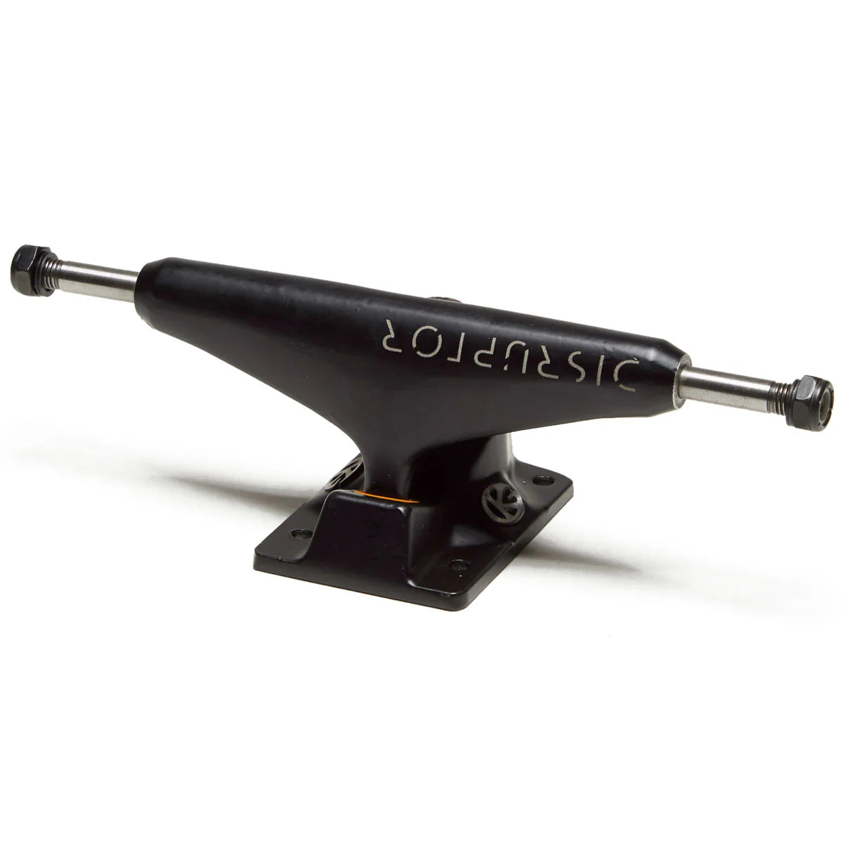 Black skateboard truck with metal axles on a white background