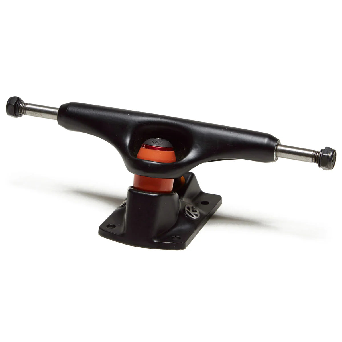 Black skateboard truck with orange bearings on a white background