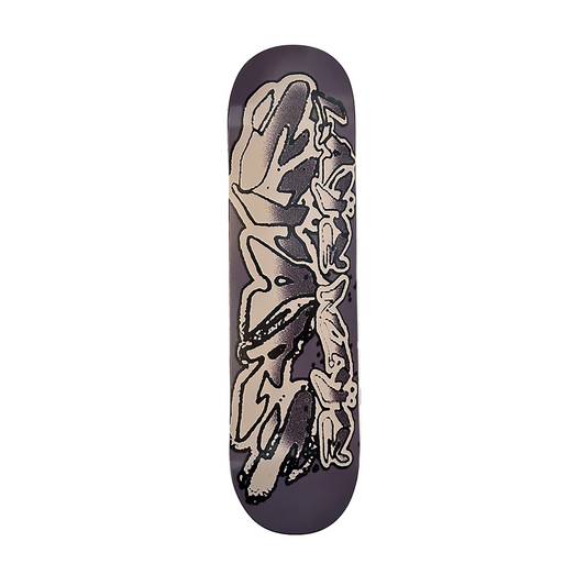 Skateboard deck with a black and white graphic design on a white background