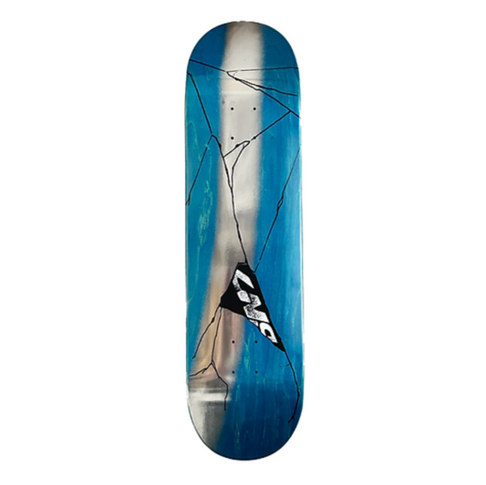 Skateboard deck with a blue and gray design on a white background