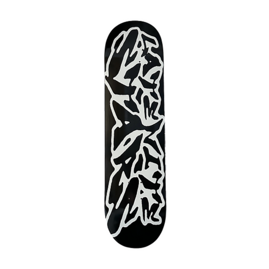 Skateboard deck with black and white abstract design on a white background