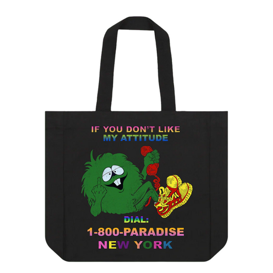 Black tote bag with colorful graphic and text on a white background