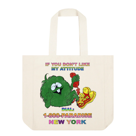 Tote bag with a cartoon character and text on a white background