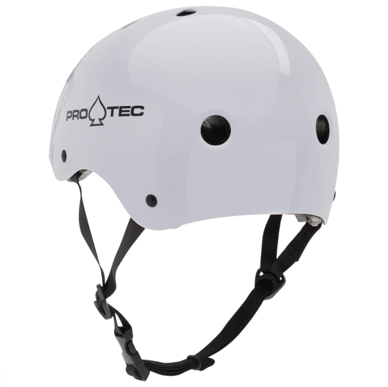 White helmet with black straps on a white background, featuring the Pro-Tec brand.