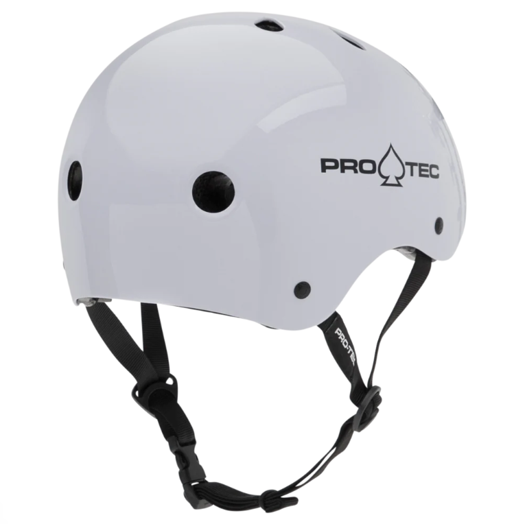 White helmet with black straps and Pro-Tec logo on a white background