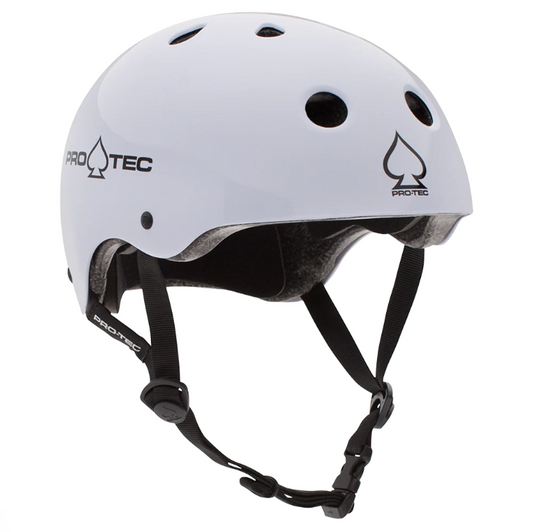 White helmet with black straps on a white background, featuring Pro-Tec logo.