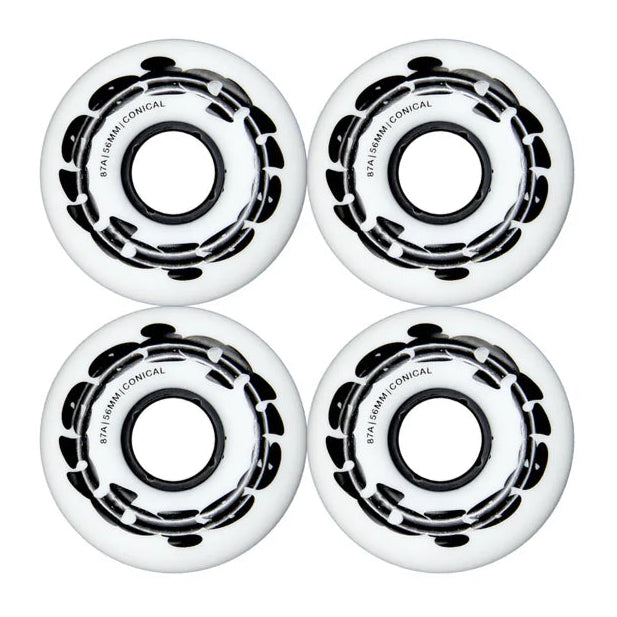 Four white skateboard wheels with black bearings on a white background