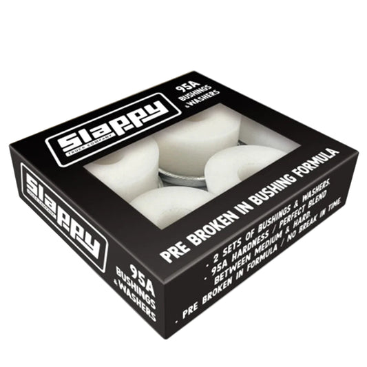 Box of Slappy bushings with white balls inside on a light gray background