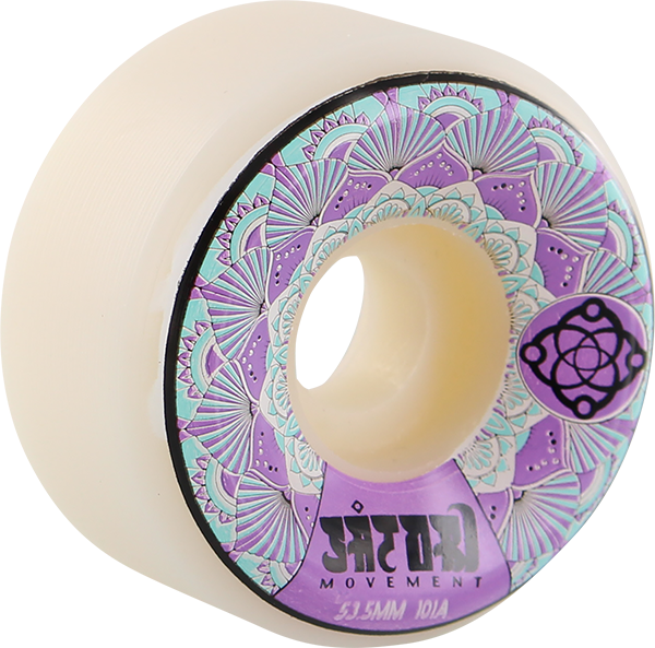 Skateboard wheel with purple and teal pattern on a white background
