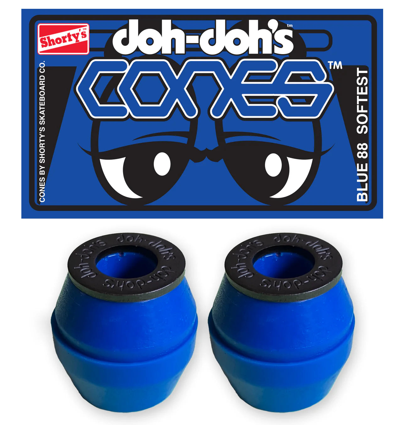 Blue skateboard bushings with black tops on a blue background featuring 'doh-doh's CONES' branding.