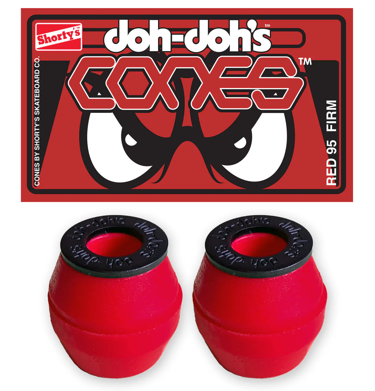 Red skateboard bushings with black centers on a red background featuring 'Shorty's' branding.
