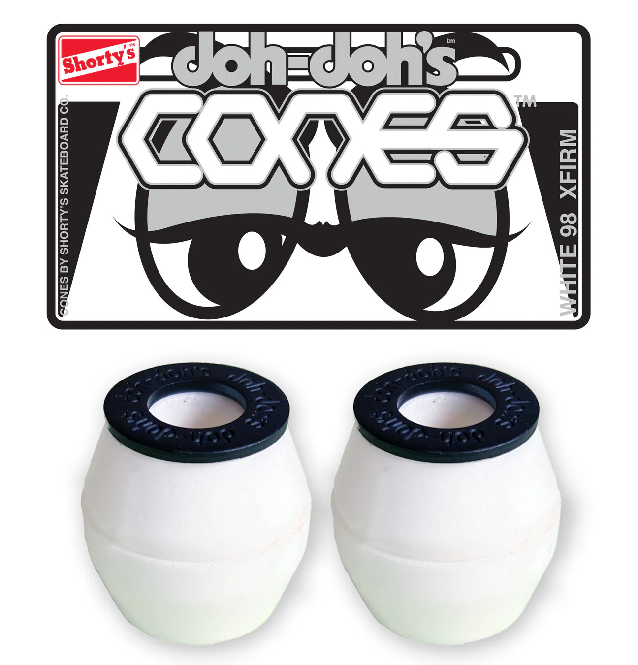Two white skateboard wheels with black axles on a white background, featuring the Doh-Dohs logo above.