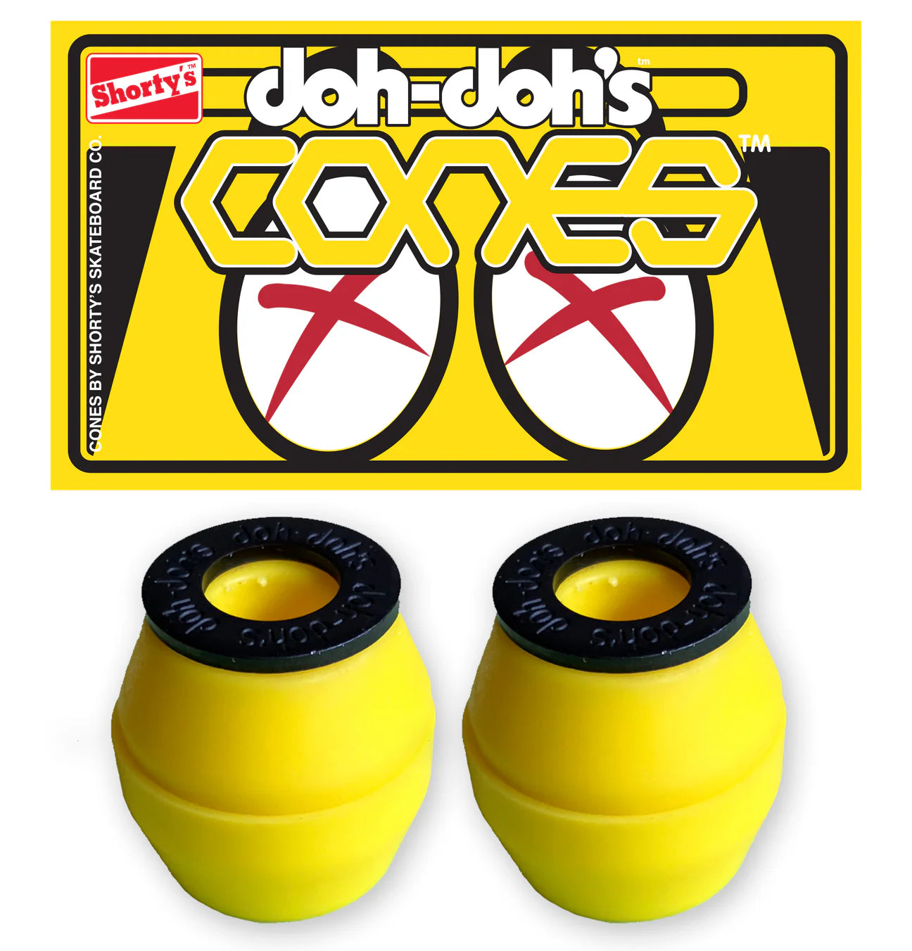 Two yellow skateboard bushings with a branded label in the background.