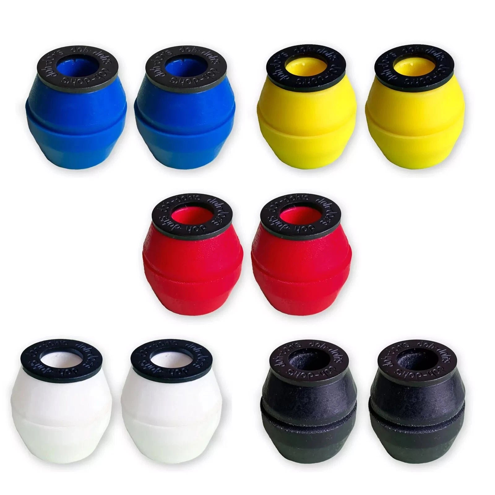 Set of colorful rubber bushings on a white background