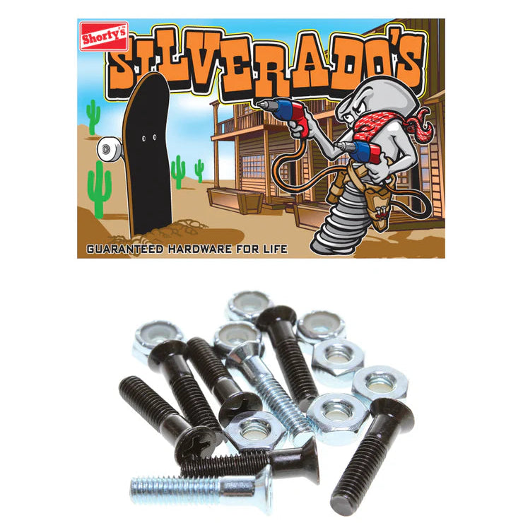 Skateboard hardware set with 'Silverado's' packaging featuring a cartoon character and desert scene.