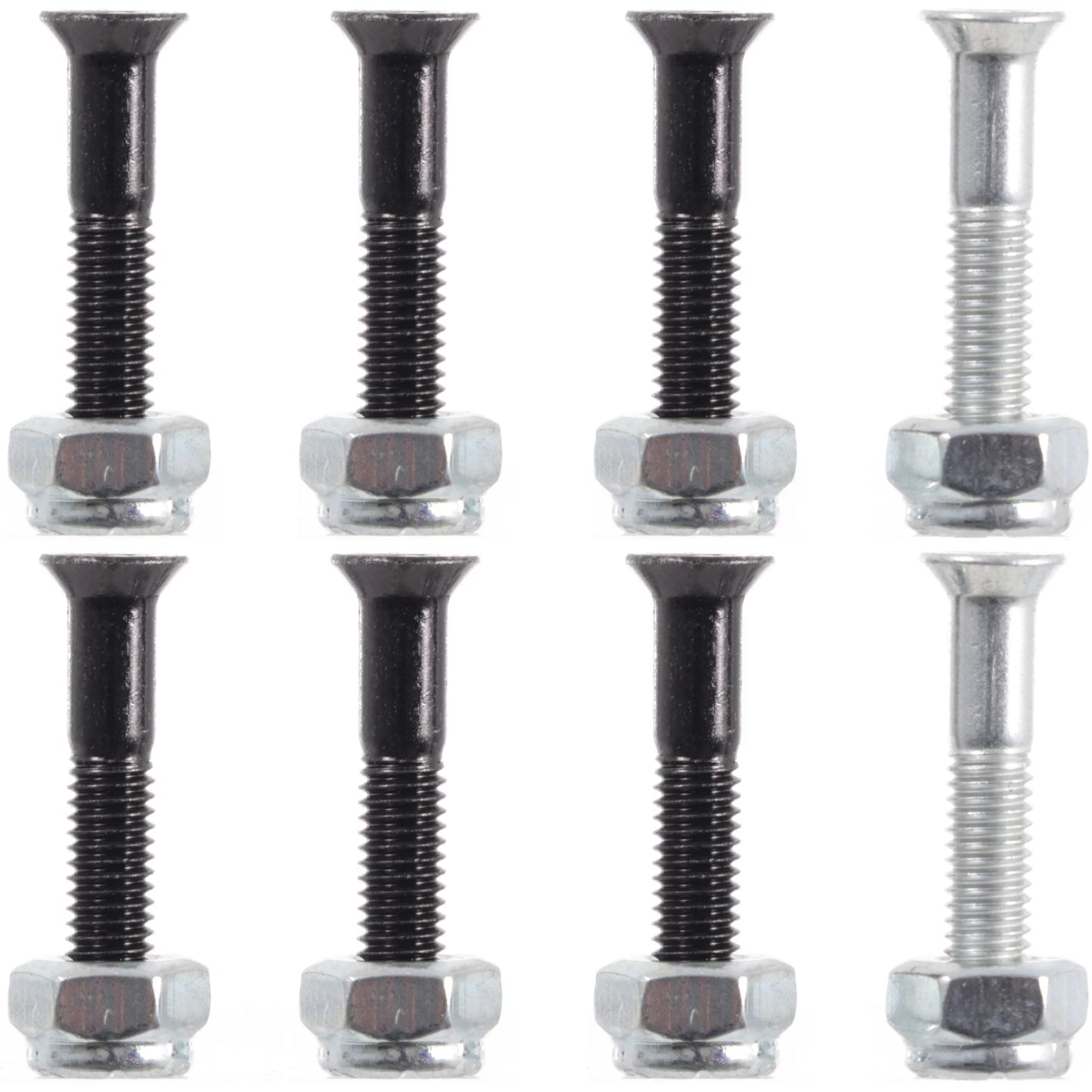 Set of six metal screws with hex nuts on a white background