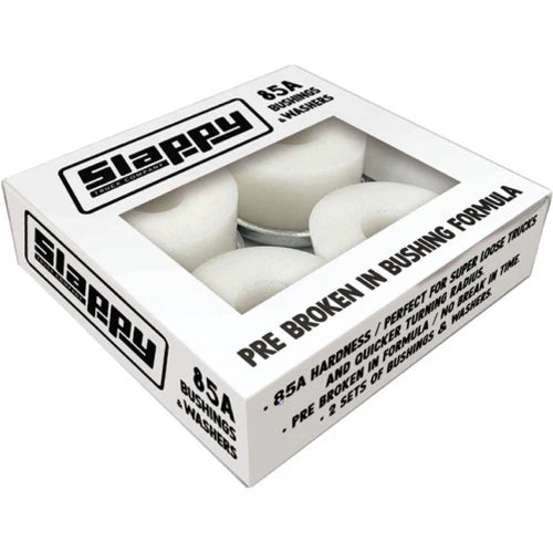 Box of Slappy bushings with white bushings inside on a white background