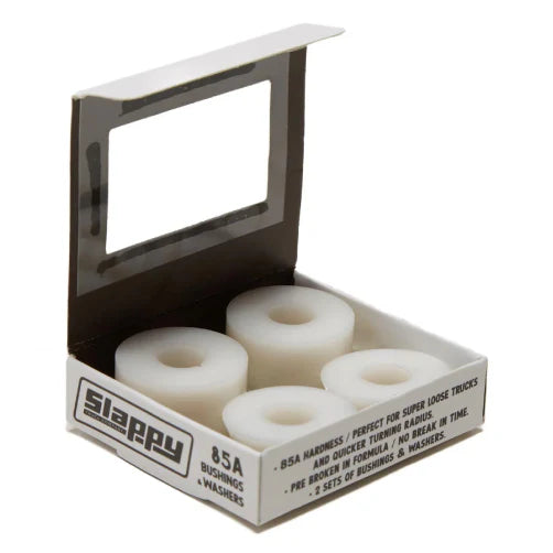 Box of Slappy bushings with white labels on a white background