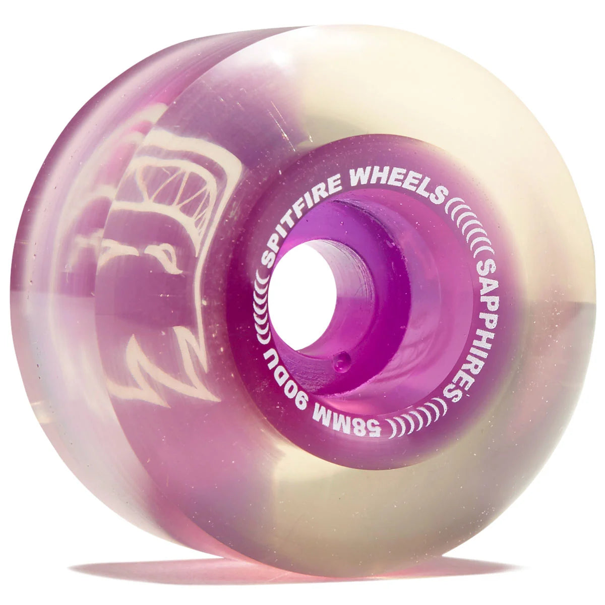 Skateboard wheel with purple center and clear rim on a white background