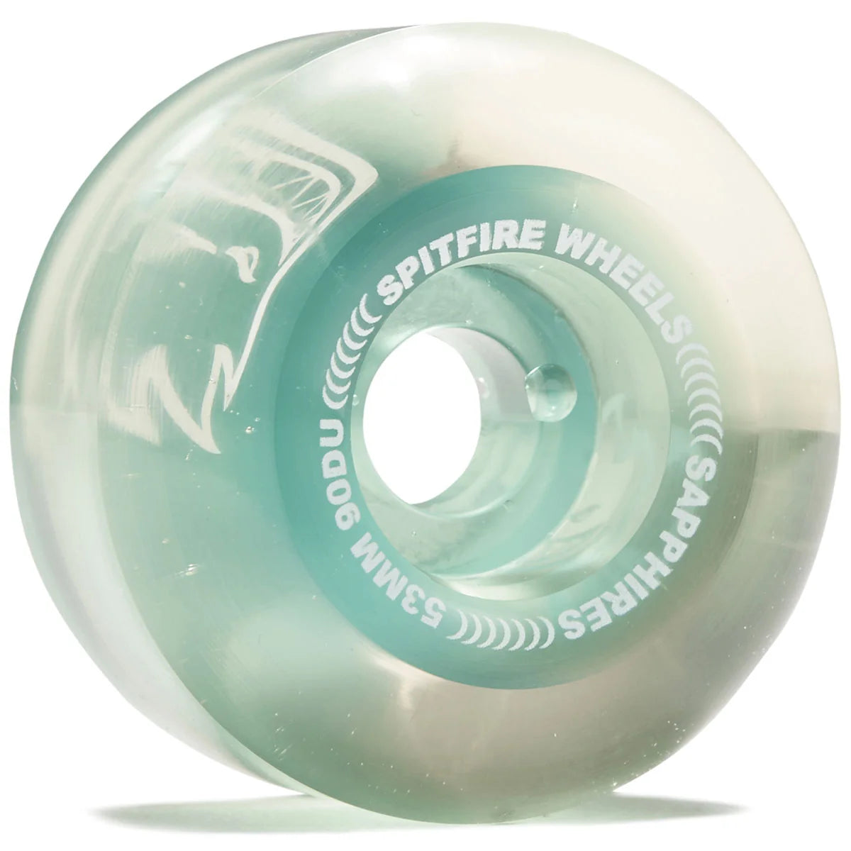 A single translucent mint green and white skateboard wheel with white text reading 'SPITFIRE WHEELS' and 'SAPPHIRES' on the inner ring, photographed on a clean white background.
