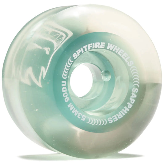 A single translucent mint green and white skateboard wheel with white text reading 'SPITFIRE WHEELS' and 'SAPPHIRES' on the inner ring, photographed on a clean white background.