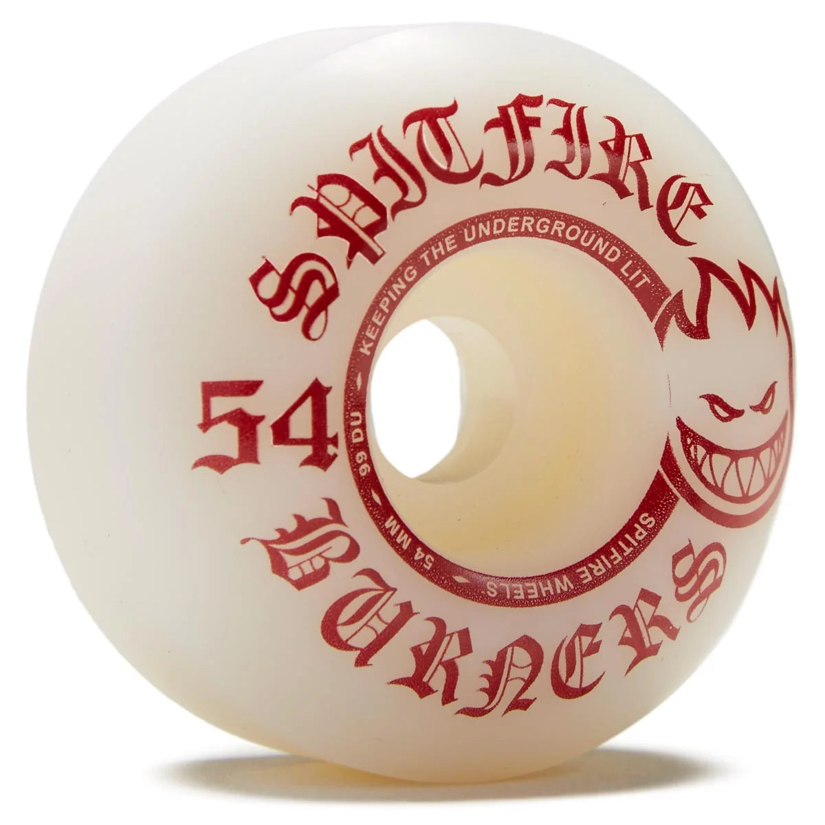 A single Santa Cruz Spitfire Burner skateboard wheel, featuring a translucent off-white urethane body with red printed graphics and text, including the 'Spitfire' brand name, 'Burner' model name, and the iconic grin logo.