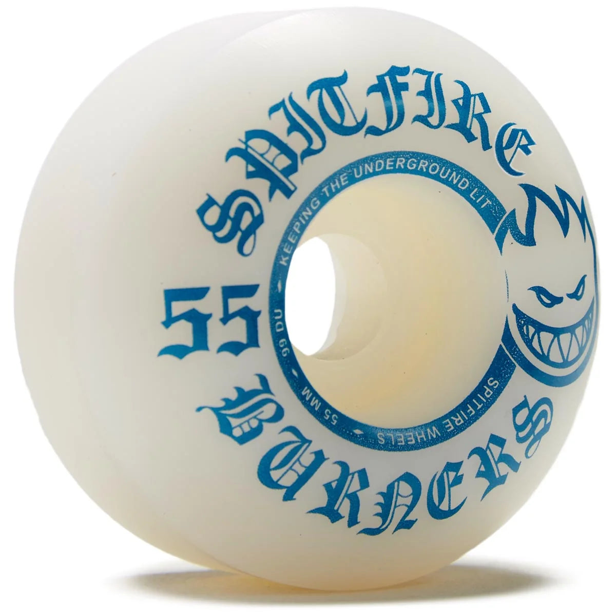White skateboard wheel with blue text on a white background