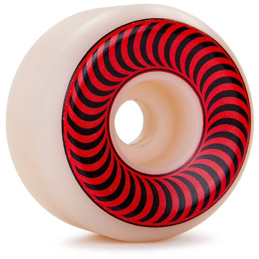 A single skateboard wheel with a translucent cream-colored urethane outer casing and a red and black spiral pattern on the inner ring, shown on a white background.