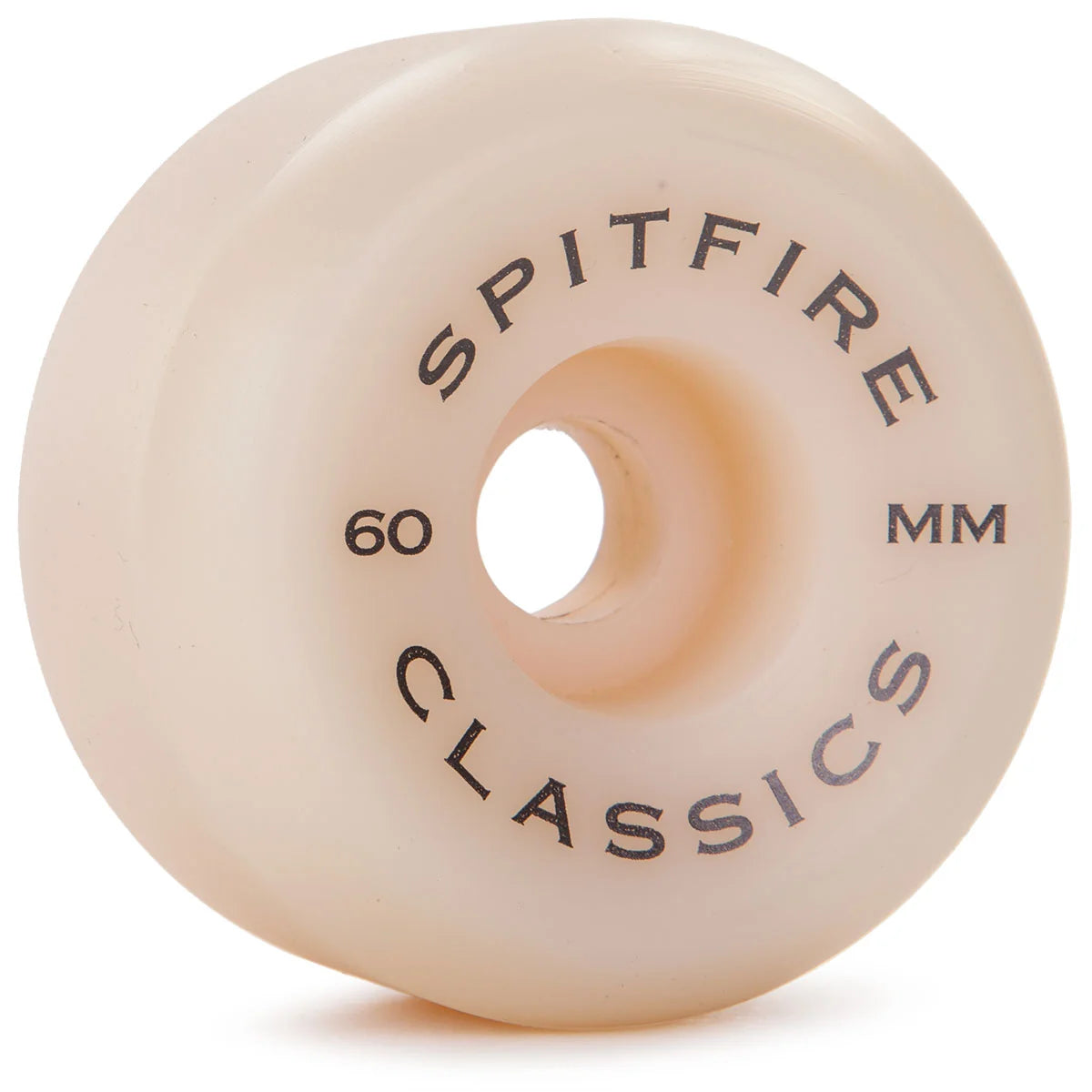 A single Spitfire Classics 60mm skateboard wheel in a translucent cream color, shown on a clean white background.